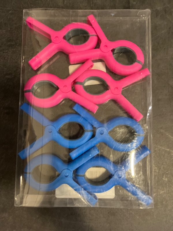 Photo 1 of 8 Pcs Beach Towel Clips for Beach Chairs, Towel Holder for Beach Chair Pool Chair on Cruise, Jumbo Size Heavy Duty Clothes Pins, Beach Chair Clips to Keep Your Towel from Blowing Away (Pink, Blue)