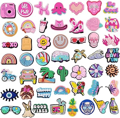 Photo 1 of 50 Pack Flower Shoe Decorations Charms for Clog Accessories Pins for Girls Women Cute Preppy Hippie Horse Pink Peace Butterfly Cowgirl Shoe Charms Party Favors