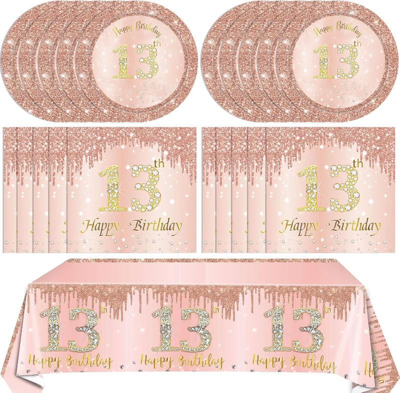 Photo 1 of 41PCS 13th Birthday Decorations Rose Gold Theme 13 Year Old Girl Birthday Decorations Including Happy Birthday Plates Napkins Tablecloth for Official Teenager 13th Birthday Party