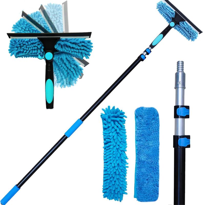 Photo 1 of 20 Ft+ Reach 2 In 1 Window Squeegee Duster with 5-to-12 Foot Extension Pole, Cleaner Tool with 3-Stage Telescoping Pole, Cleaning Kit with Rotatable Head - Chenille Cloth + Microfibre Cloths Head