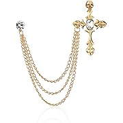Photo 1 of Cross Gold Silver Men'S Brooch Suit Pin with Gem Rhinestone Buckle Brooches Chain tassel Lapel Collar Pins Shirt Decoration Metal Tie Clips Brooch Pins Women Coat Pin with Gift