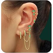 Photo 1 of 6PCS Earring Stacks Cartilage Chain Helix Piercing Sets For Women Flat Back Multiple Piercing Dangle Huggie Hoop Stackable Jewelry
