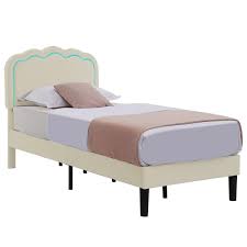 Photo 1 of VECELO LED Bed Frame, Twin Size Upholstered Platform Bed Frame with Adjustable Charging Station Headboard, No Box Spring Needed, Easy Assembly, Beige