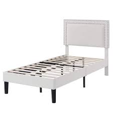 Photo 1 of Twin - Upholstered Bed with Adjustable Headboard, No Box Spring Needed Platform Bed Frame, Bed Frame White Twin Bed