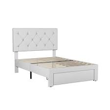 Photo 1 of Twin Upholstered Storage Bed 1-Drawer, Platform Bed with White Faux Leather Tufted Headboard, Wood Slats Bed Frame