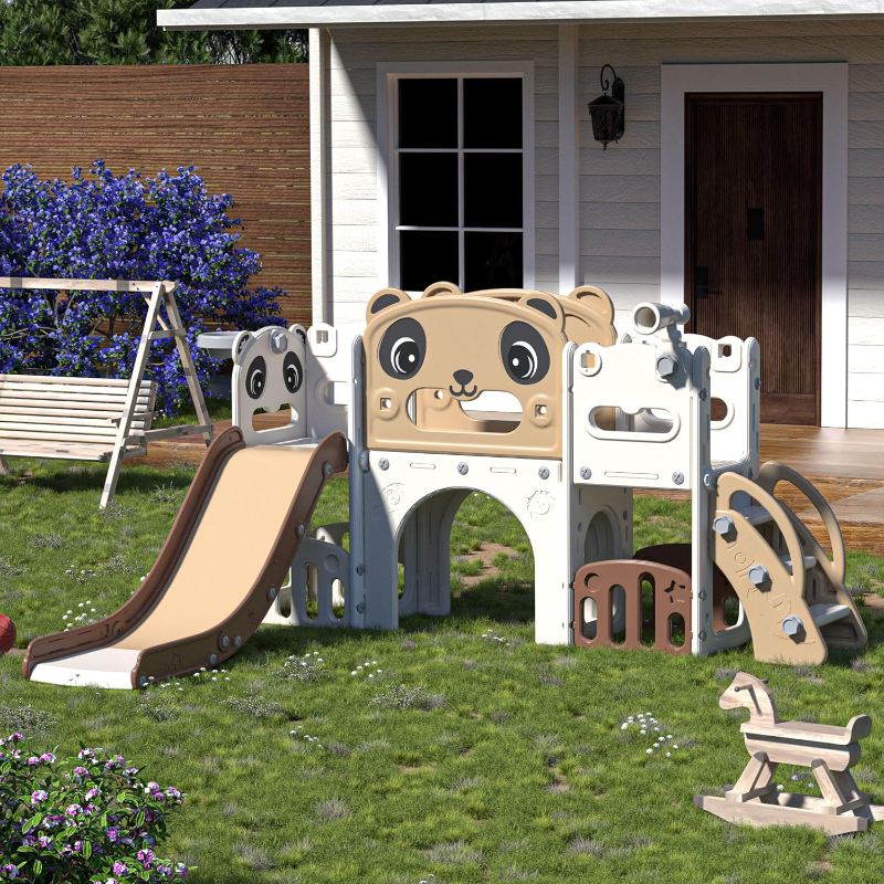 Photo 1 of NYEEKOY 9-in-1 Toddler Slide and Climber Set Indoor Outdoor Slide Playset for Kids Age 1-8, Freestanding Backyard Playground with RNG Toss, Basketball Hoop,Telescope, Storage Space