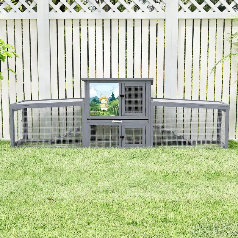 Photo 1 of COZIWOW 95inches Extra Large Wood Rabbit Hutch Outdoor Easy to Assemble and Stable Bunny Cage Indoor with Cleaning Tray & Waterproof Roof for Small and Medium Bunny Rabbit Chick?Grey with Pattern?