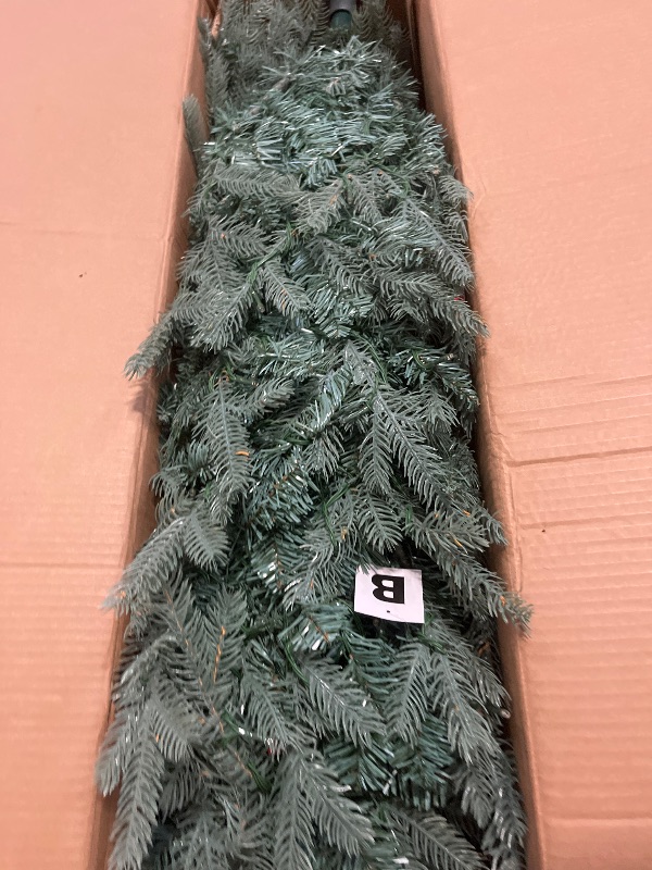 Photo 1 of 7 FT Prelit Artificial Skinny Christmas Tree,Blue Spruce Slim Pencil Xmas Tree with 1552 PE&PVC Mixed Branch Tips and 400 UL Listed Clear Lights,Hinged Pine Tree with Metal Stand for Home Office Décor