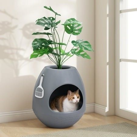 Photo 1 of Eggloa6 Cat Plant Litter Box Set with Artificial Plants Attached Scoop Replaceable Litter Box Liners Hidden Cat Litter Box Furniture Gray