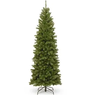 Photo 1 of 7 FT Artificial Skinny Christmas Tree,Unlit Blue Spruce Slim Pencil Xmas Tree with 1552 PE&PVC Mixed Branch Tips,Hinged Pine Tree with Metal Stand for Home Office Décor