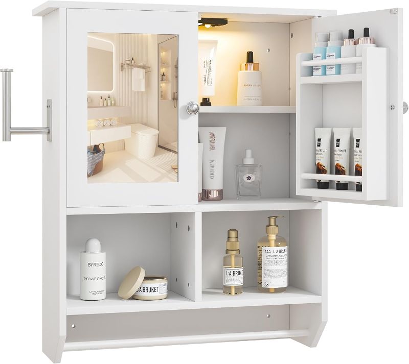 View 1 of Bathroom Cabinet with LED Light Wall Mounted Medicine Cabinet with Towel Bar, 27.6 in. Accent Storage Cabinet, White