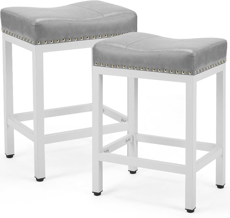 Photo 1 of Sumyeg Set of 2 Gray 21.6-in H Small Saddle Seat Upholstered Metal Backless Bar Stool