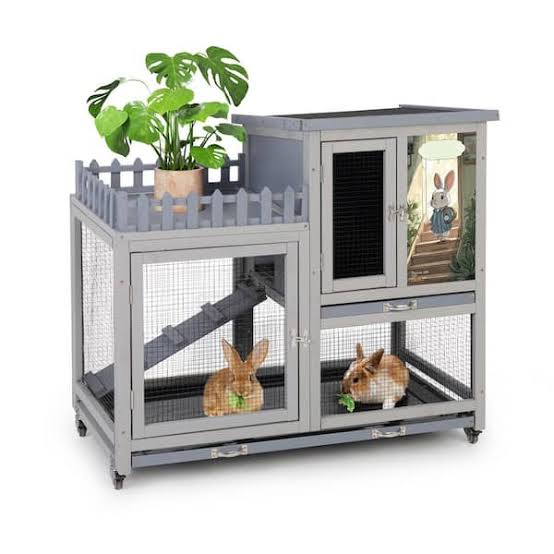 Photo 1 of Small Animal Hutch, Indoor Outdoor Safe &Durable All-Climate Rabbit Hutch, Fir Wood Cage with Wheels