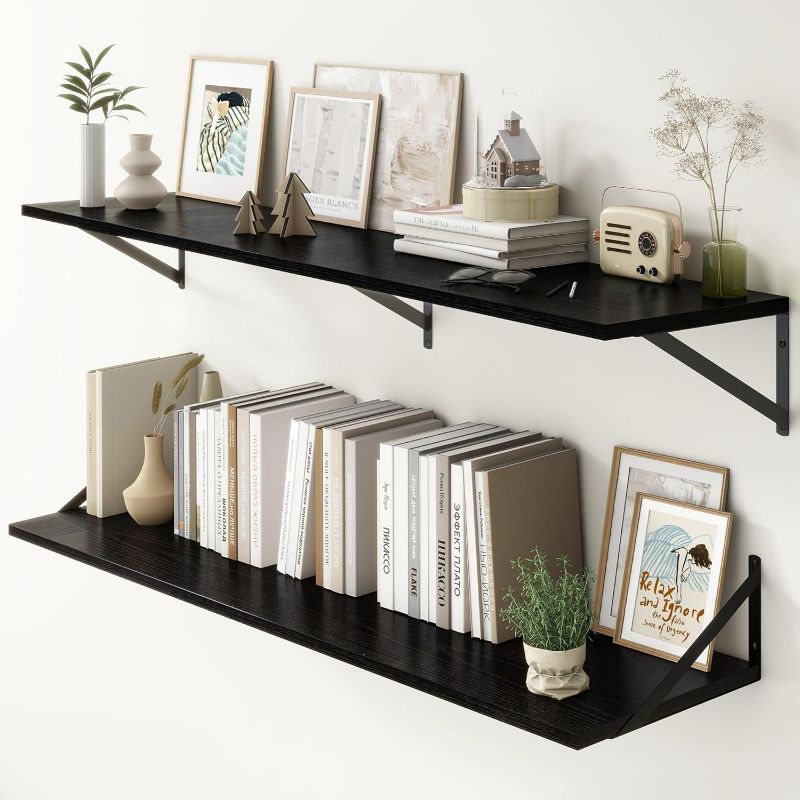 Photo 1 of Fun Memories Deep Floating Shelves, 55W x 12D Floating Shelves for Wall, Wood Black Floating Shelf with Bracket, Wide Display & Storage Wall Shelves for Living Room, Bedroom,