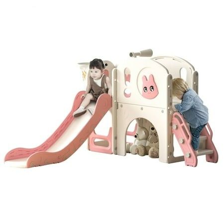 Photo 1 of Nyeekoy 8 in 1 Toddler Slide Kid Slide Freestanding for Age 1-3 with Basketball Hoop and Telescope Indoor Outdoor Pink