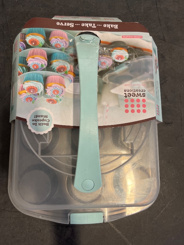 Photo 1 of GoodCook Sweet Creations Bake-Take-Serve Nonstick Cupcake Pan Set with Tiered Stand, Silver/Blue