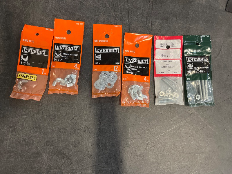 View 1 of 6 PACK OF EVERBILT SCREWS 1/4 in. Zinc Flat Washer (12-Pack) , #10-24 X 2-1/2 in. Combo Round Head Zinc Plated Machine Screw (3-Pack) , #10-24 Stainless Steel Wing Nut , 1/4 in.-20 Zinc Plated Wing Nut (4-Pack) , 1/4 in.-20 Zinc Plated Wing Nut (4-Pack)