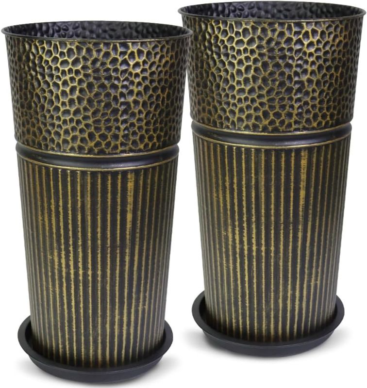 Photo 1 of 2 Pcs Pack Metal Tall Tapered Planter Pots Large Round Planter Flower Pot with Drainage Holes for Indoor Outdoor Deck Porch Garden Home Patio Front Door (Antique Bronze, L) | Slight dents