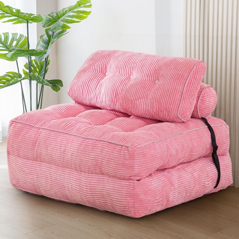 Photo 1 of Folding Sofa Bed, Convertible Chair with Pillow Foldable Couch with Back Support, Portable Fold Out Chair Bed Comfy Floor Sofa Lounge for Living Room Bedroom, Pink, Single