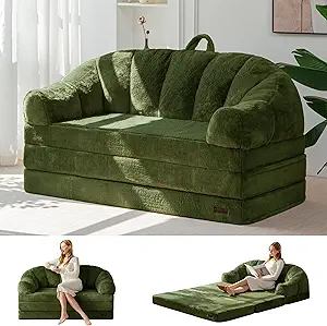 Photo 1 of Folding Sofa Bed, 2 in 1 Convertible Sofa to Lounger Comfy Loveseat Bean Bag Chair for Adults, Floor Couch with Handle, Faux Fur Couch Bed for Living Room Bedroom, Green, Loveseat