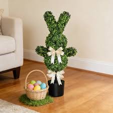 Photo 1 of 40inch/90cm Easter Bunny Topiary - Artificial Faux Boxwood Rabbit Decor, UV-Resistant Spring Easter Porch Decor with Bows for Outdoor Indoor Yard Lawn Patio