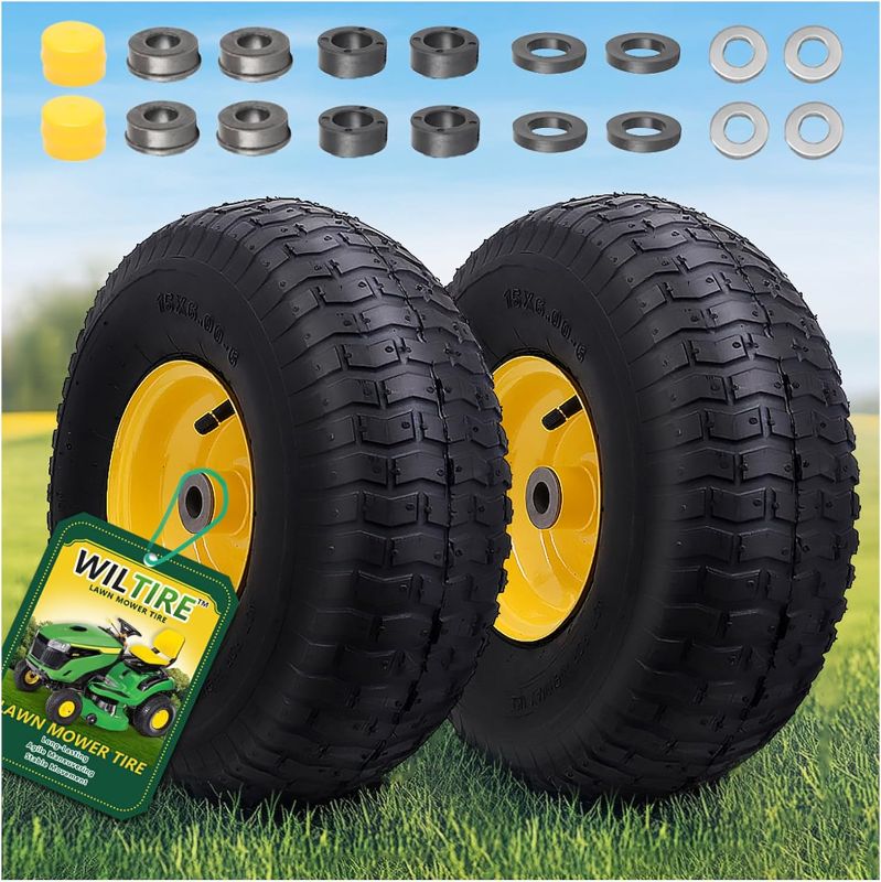 Photo 1 of 15x6.00-6 Tire and Wheel Assembly (2 Pack),Replacement Riding Lawn Mower Front Tires - With 3" Centered Hub and 3/4" Bushings (Extra 5/8" Bushings)