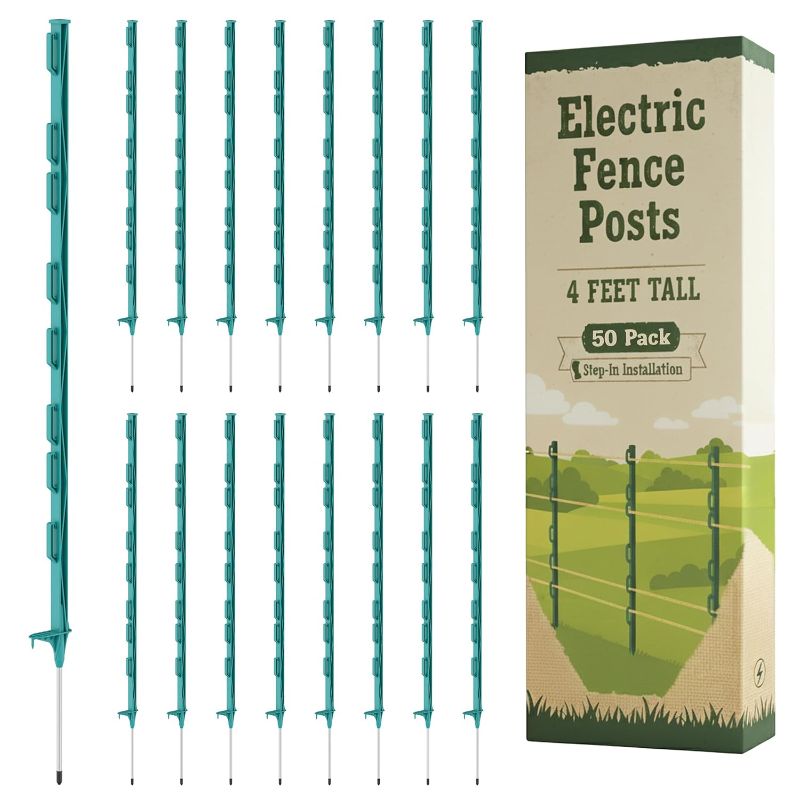 Photo 1 of Houseables Electric Fence Posts, Step in Fence Post 4FT, Electric Fencing, Garden Stakes, Garden Poles, Kit for Wire, Deer, Livestock, Temporary, Fiberglass, Plastic, Green, Ground Rod, 4 Feet, 50 PK | Scratches on 5th image