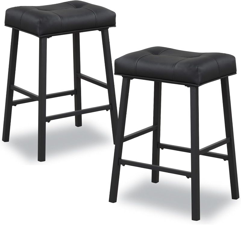 Photo 1 of Black Bar Stools Set of 2, 24 Inch Kitchen Counter Height Saddle Bar Stools with Upholstered Seat Padding, Breakfast Stools for Kitchen Counter, Bar, Dining Room, Black Metal