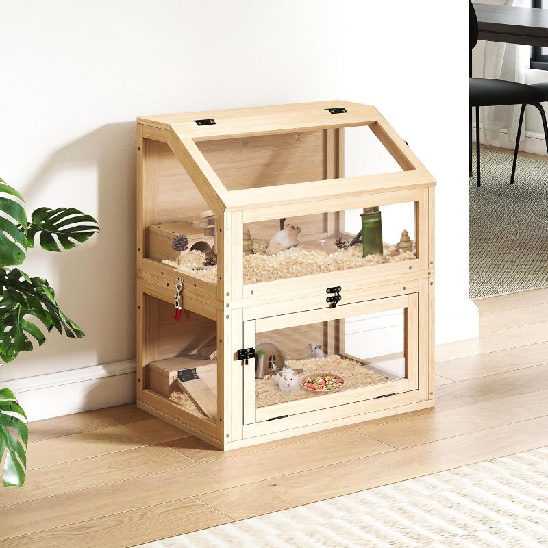 Photo 1 of 2-Tier Hamster Cage, Detachable Wooden Squirrel Habitats with Hideouts, Ramps, Acrylic Window, Door Access for Gerbils Mice Small Animals, Natural
