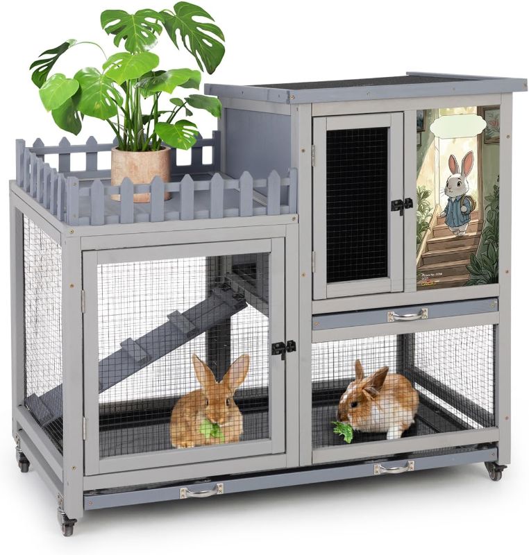 Photo 1 of Double Layers Durable 97.15CM Rabbit Hutch Indoor on Wheels, Small Animal Houses Habitat, Rolling Large Bunny Cage Outdoor with Removable Tray, Ramp, Two Story Bunny Cage Grey