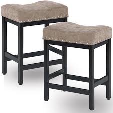 Photo 1 of Bar Stools Set of 2, 25 Inches Counter Height Bar Stools, Taupe Fabric Saddle Seat Bar Stools with Nailhead, Black Metal Kitchen Barstools for Kitchen Counter