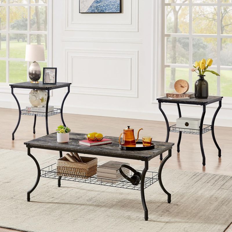 Photo 1 of 3 Pieces Living Room Table Sets, Coffee and End Tables with Open Storage Shelves for Apartment, Home Office, Small Space, Easy Assembly, Grey Oak | Missing One End Table Top + Square Frame