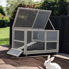 Photo 1 of 35" Wooden 2-Tier Rabbit Hutch, Outdoor Bunny Cage with Wheels, Small Animal Pet Cage with Ramp, Tray, Doors, Openable Top, Lockable, Gray