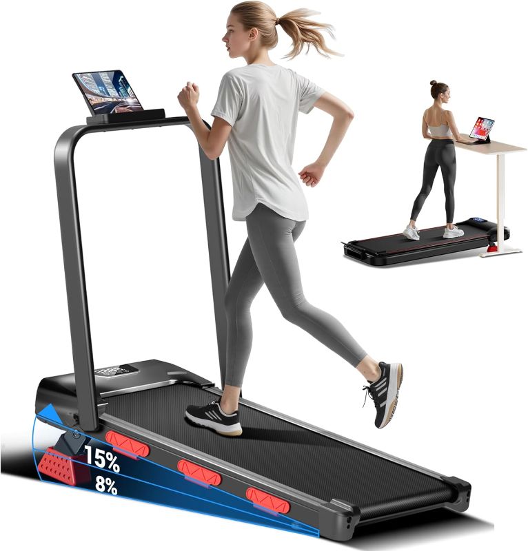 Photo 1 of Walking Pad with 15% Incline 2.5HP Foldable Walking Pad with Handle Bar 0.6-6.2MPH Under Desk Compact Treadmills for Home 300LBS with Romote Control