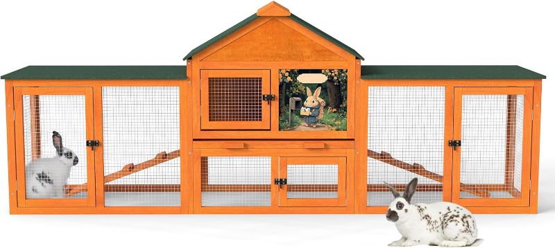 Photo 1 of 83” Extra Large Wooden Rabbit Hutch Outdoor Easy to Assemble and Durable Rabbit Cage Bunny Hutch Indoor with Cleaning Tray & Waterproof Roof for Small and Medium Bunny Rabbit Chick (Orange)