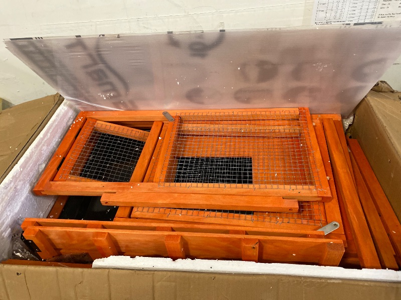 Photo 1 of 83” Extra Large Wooden Rabbit Hutch Outdoor Easy to Assemble and Durable Rabbit Cage Bunny Hutch Indoor with Cleaning Tray & Waterproof Roof for Small and Medium Bunny Rabbit Chick (Orange)