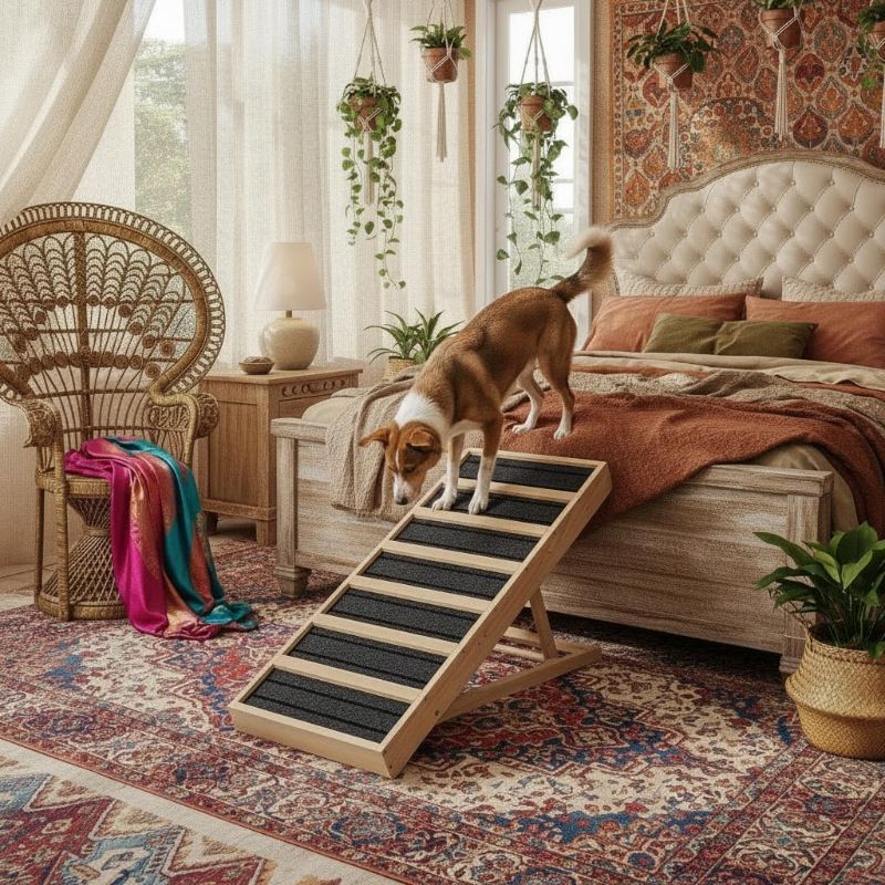 Photo 1 of Adjustable Wooden Dog Ramp for Bed and Couch - 39" Folding Pet Ramp with 4 Heights and Non-Slip Safety Rails for 132lbs Small, Medium, and Senior Dogs
