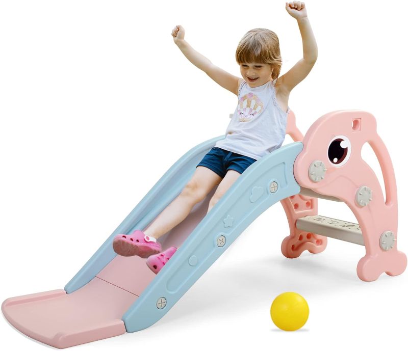 Photo 1 of 3 in 1 Toddler Slide, Baby Slide Climber Playset with Basketball Hoop and Ball, Indoor and Outdoor Playground for Kids