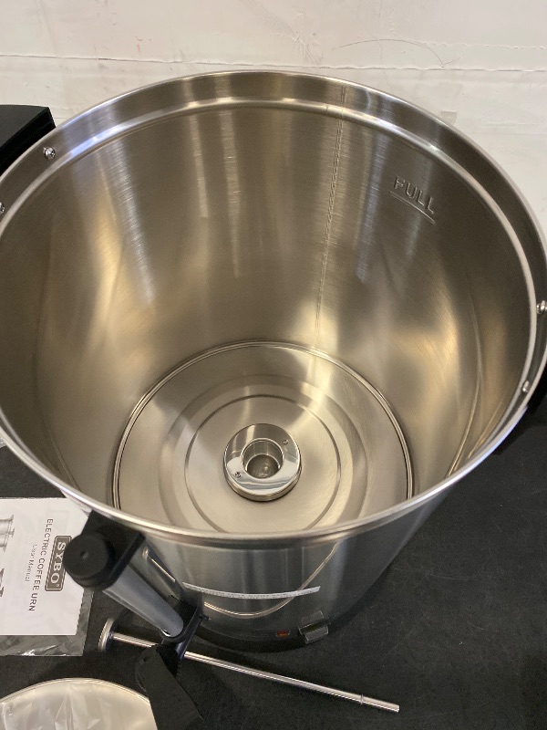 Photo 1 of SYBO SR-CP-100B Commercial Grade Stainless Steel Percolate Coffee Maker Hot Water Urn for Catering, 100-Cup 16 L, Metallic