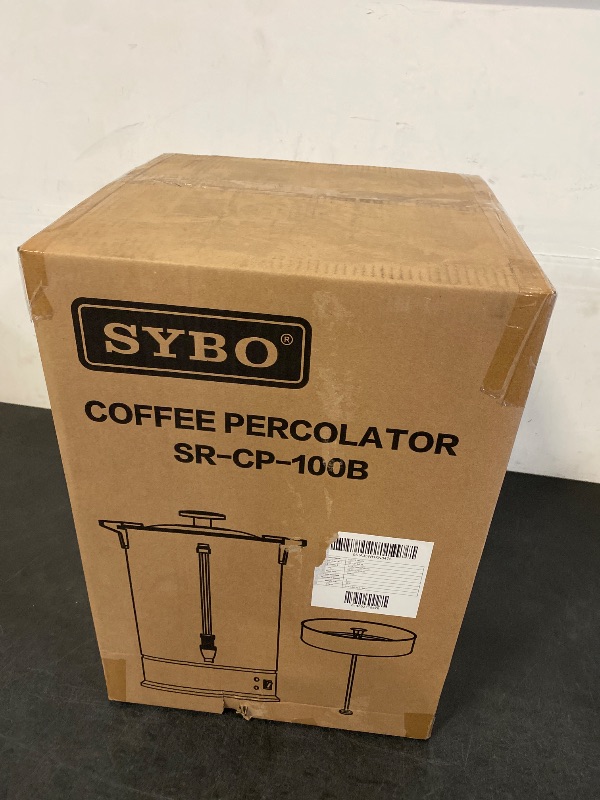 Photo 1 of SYBO SR-CP-100B Commercial Grade Stainless Steel Percolate Coffee Maker Hot Water Urn for Catering, 100-Cup 16 L, Metallic