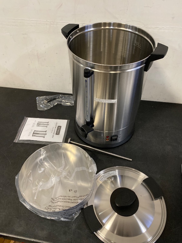 Photo 1 of SYBO SR-CP-100B Commercial Grade Stainless Steel Percolate Coffee Maker Hot Water Urn for Catering, 100-Cup 16 L, Metallic