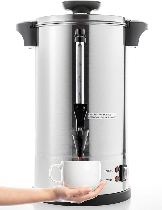 Photo 1 of SYBO SR-CP-100B Commercial Grade Stainless Steel Percolate Coffee Maker Hot Water Urn for Catering, 100-Cup 16 L, Metallic