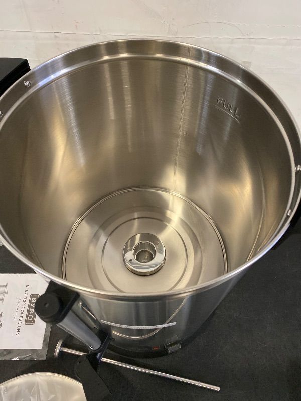 Photo 1 of SYBO SR-CP-100B Commercial Grade Stainless Steel Percolate Coffee Maker Hot Water Urn for Catering, 100-Cup 16 L, Metallic