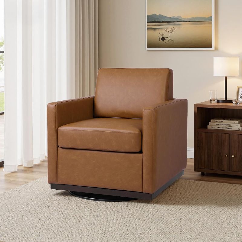 Photo 1 of Faux Leather Swivel Accent Chair, 360° Swivel Upholstered Club Armchairs for Living Room, 31" Wide Square Single Sofa Reading Chair with Deep Seat, Metal Swivel Base, Brown