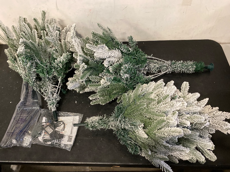 Photo 1 of 4.5ft Tall Flocked Artificial Christmas Tree Holiday Décor with 267 Snow Branches, Auto Open, Steel Base, Green