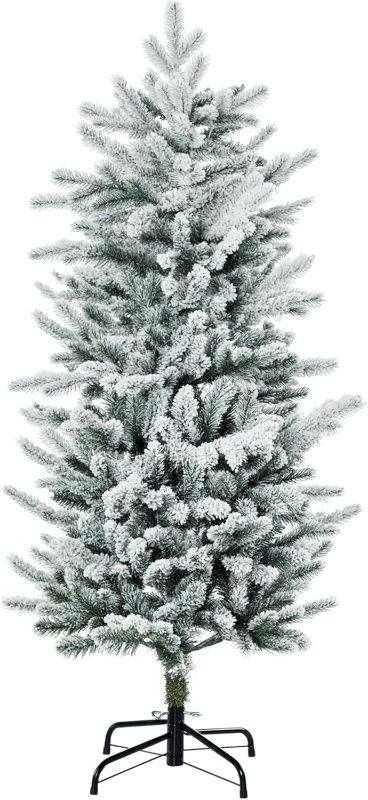 Photo 1 of 4.5ft Tall Flocked Artificial Christmas Tree Holiday Décor with 267 Snow Branches, Auto Open, Steel Base, Green