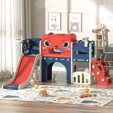 Photo 1 of 9 in 1 Large Toddler Slide Set for 1-8 Kids, Toddler Climber Slide Playset with Slide, Climber Pedals, Telescope, Riss Toss Basketball Hoop and Balls, Indoor Outdoor Freestanding Slides