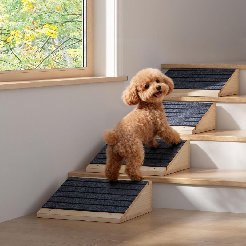 Photo 1 of 2 PCS Dog Ramp for Stairs, Non-Slip | Sturdy | Wooden Dog Stairs Pet Ramp for Small Medium Dogs Cat, Pet Steps Stair Wedges Assist for Injured & Older Pets, Gentle Slope Step Stairs - 4"D x 11.8"W x 11.8"H