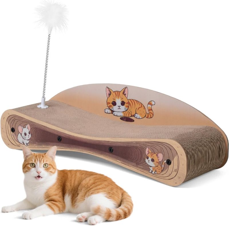 Photo 1 of Cat Scratcher Lounge Bed, Reversible 2-in-1 Cardboard Scratching Board, Durable Curved Cat Scratch Pad for Indoor Cats with Toy, Cartoon Pattern