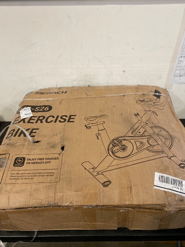 Photo 1 of Merach Exercise Bike, Magnetic Friction Stationary Bike with Brake Pad and Exclusive App, Low Noise Indoor Cycling Bike with 300lbs Weight Capacity, Tablet Mount and Fitness Courses for Weight Loss | Missing hardware